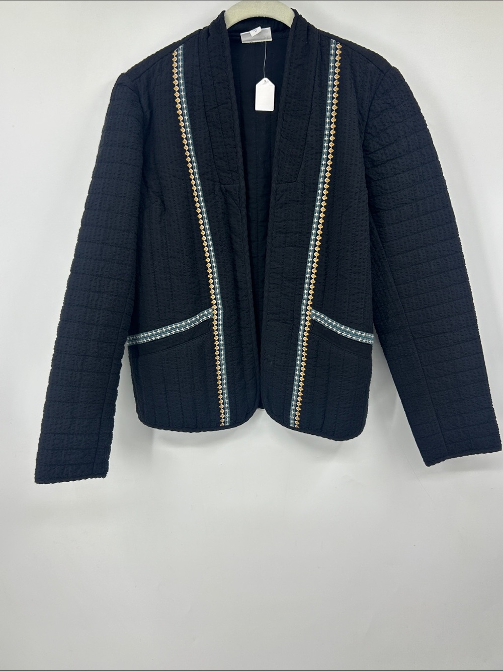 Pure J Jill Women Black Quilted Open-Front Cotton Jacket‎ XS Gold Embroidered